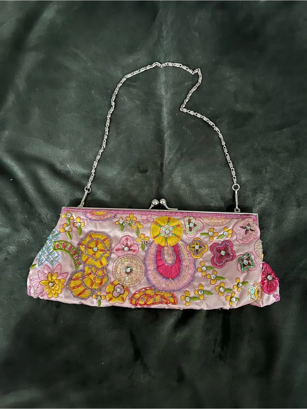 Vintage NY&Co Embroidered Pink Floral Evening Clutch with Chain Strap